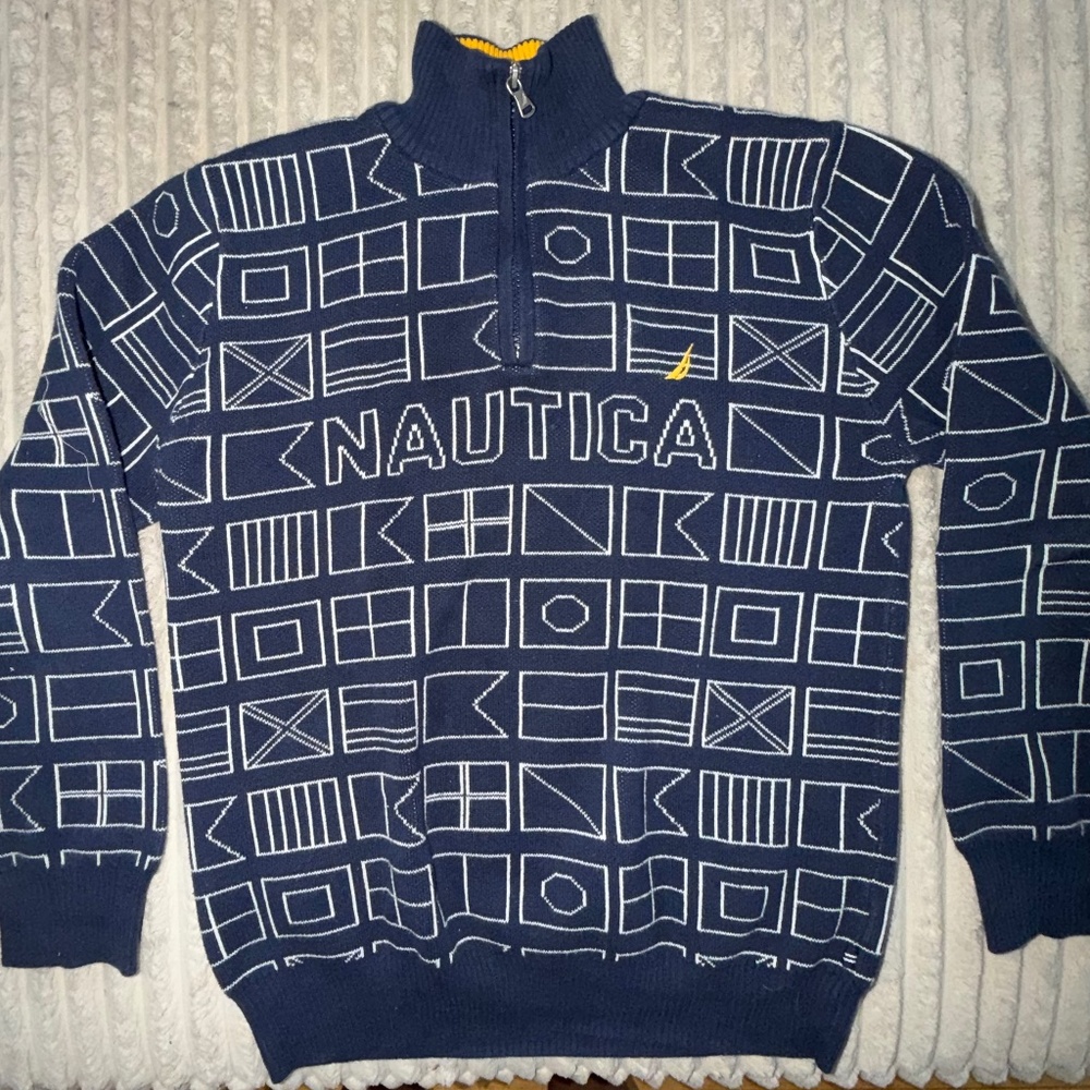 Classic Nautica boys quarter-zip sweater in navy blue with an all-over geometric